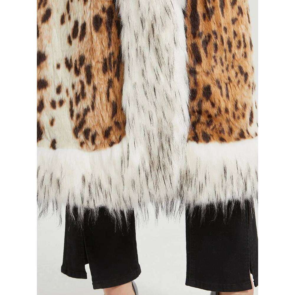 Lautaro-Faux Fox Fur Coat with Trim and Cuff for Women, Long Warm Thick Leopard Print, Furry Overcoat, Winter