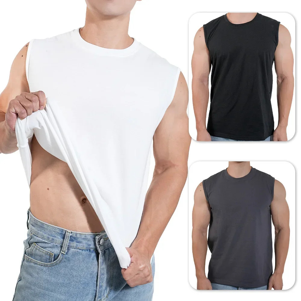 2025 Men Sportwear Muscle Vest Running Sports Cotton Sleeveless T Shirt O-neck Plain Tank Top Bodybuilding Fitness Clothing 250604