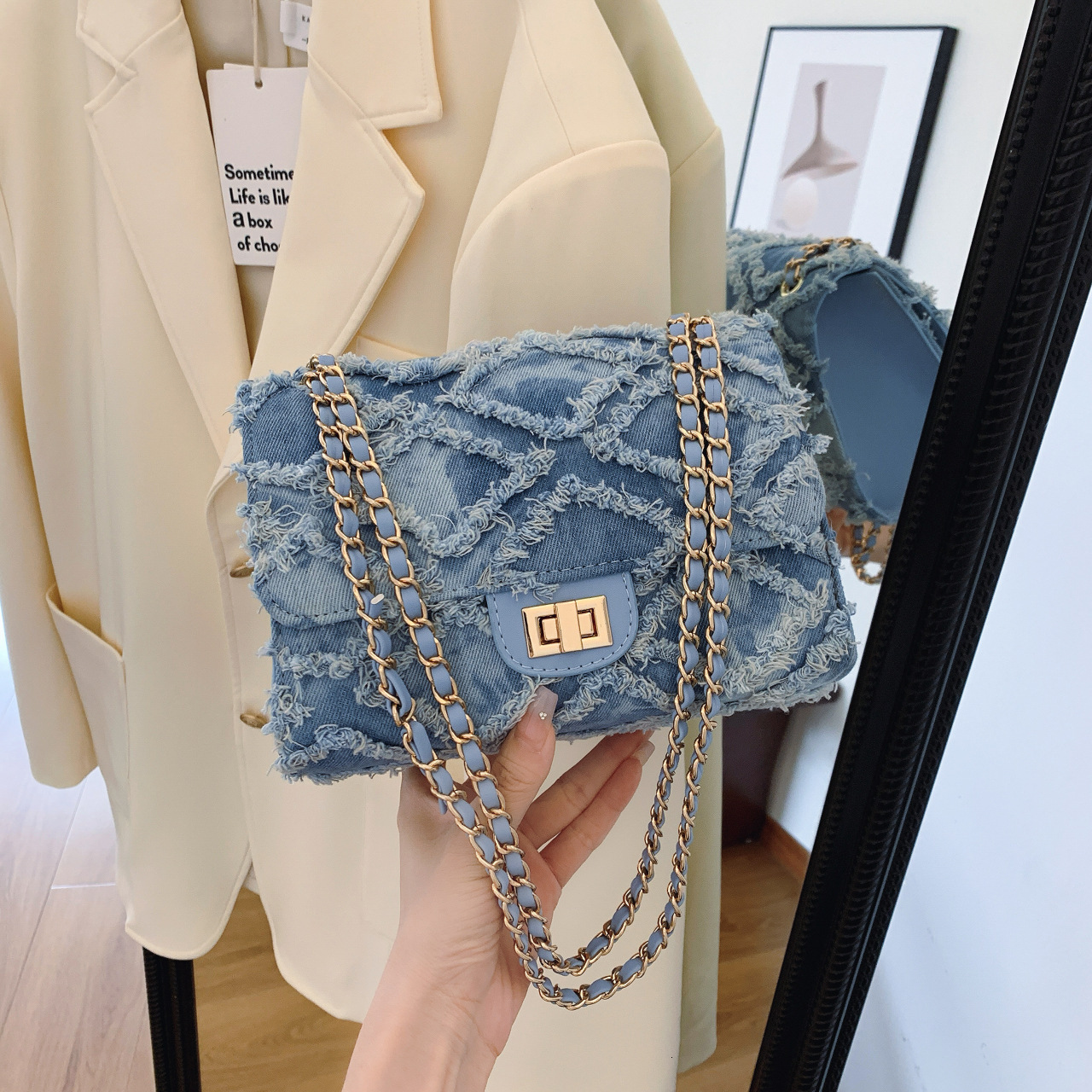Denim 2025 New Lock Small Shopping Bag Square Bag Style Underarm Shoulder Crossbody Designer Chain Bag Free Shipping Elegant Handbag For Women Trendy