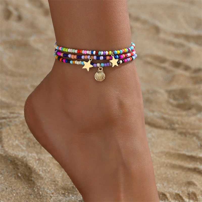 Multilayer Charm Red Cherry Anklets for Women Vintage Boho Shiny Zircon Starfish Shell Conch Foot Leg Ankle Chain Beach Jewelry W250604