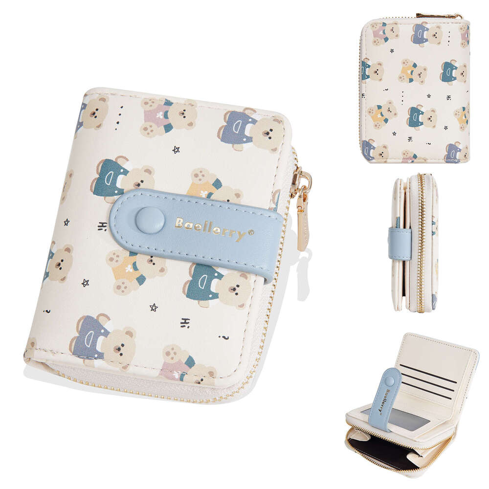 New Women's Short Wallet Baellerry Korean Style Cute Cartoon Bear Snap Button Leather Zipper Coin Purse