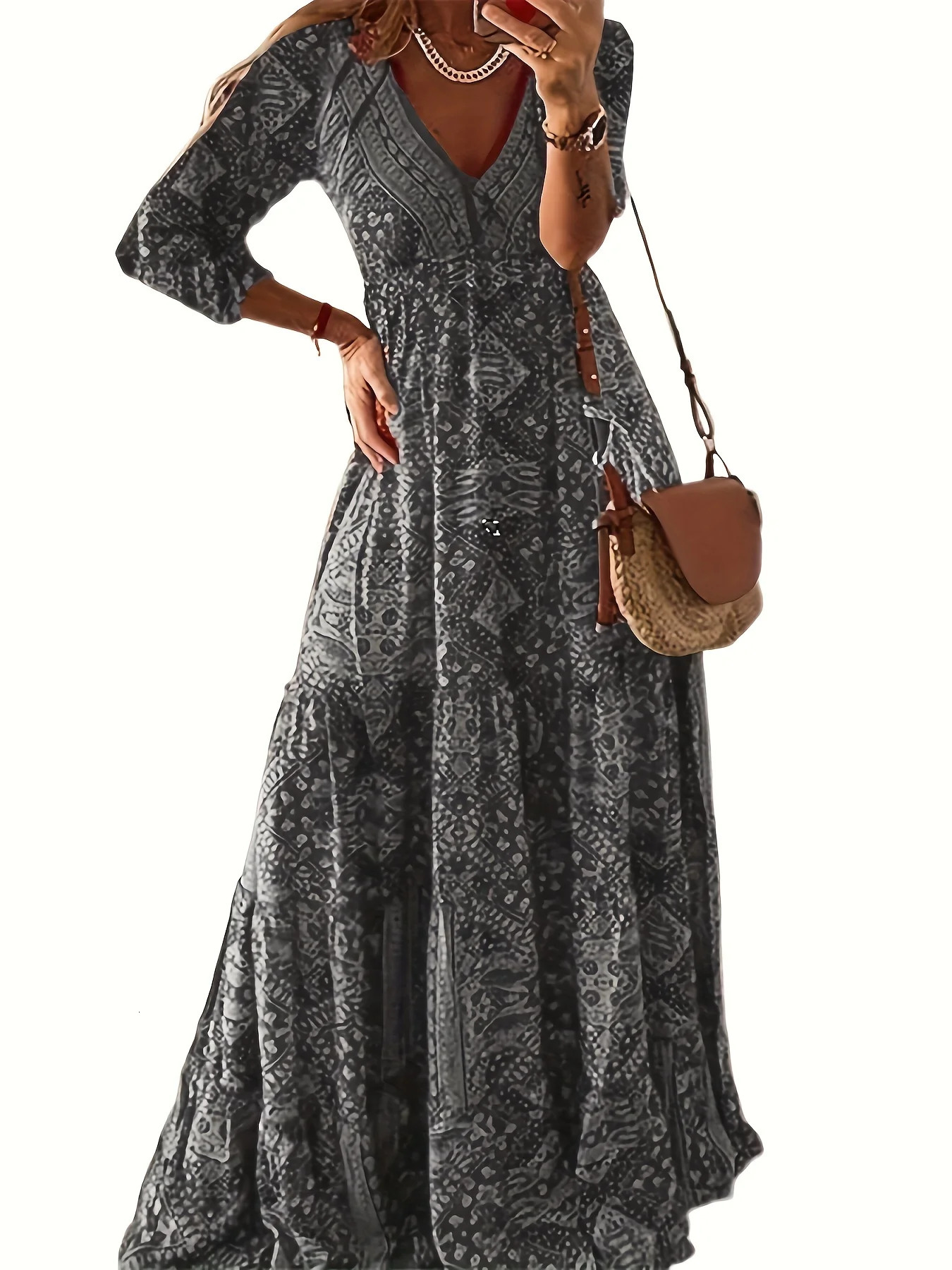 plussize European and American crossborder bohemian cropped sleeve highwaisted Vneck printed dress 250604