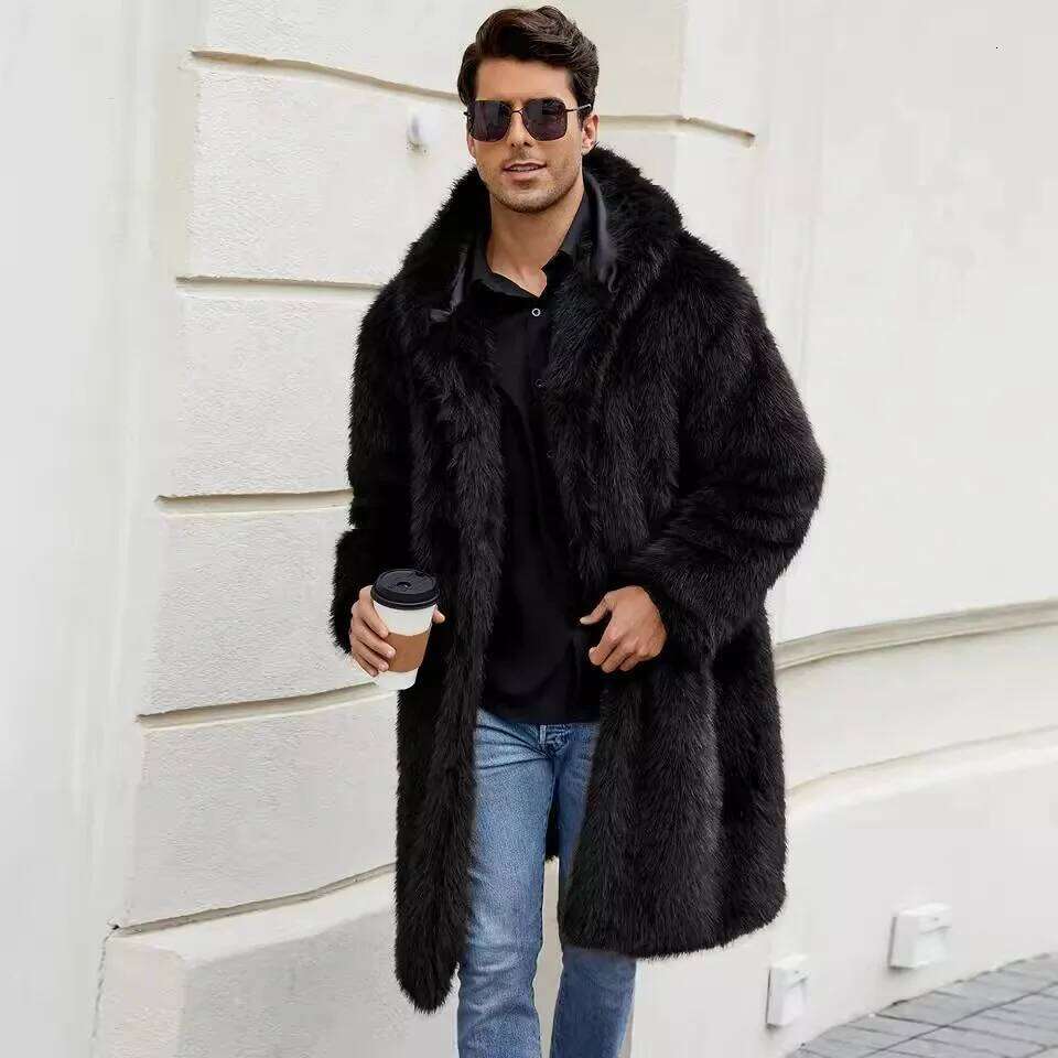 Faux Fur Coat Men Warm Loose Long Coats Hoodies Full Sleeve Midi Waist Thick Jackets Elegant Male Jacket Autumn Winter