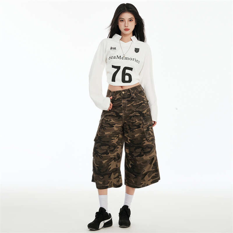 American Style Girl Camouflage Cropped Jeans For Women Spring Summer New High Waist Loose Slimming Sweet Spicy Mid Pants B5