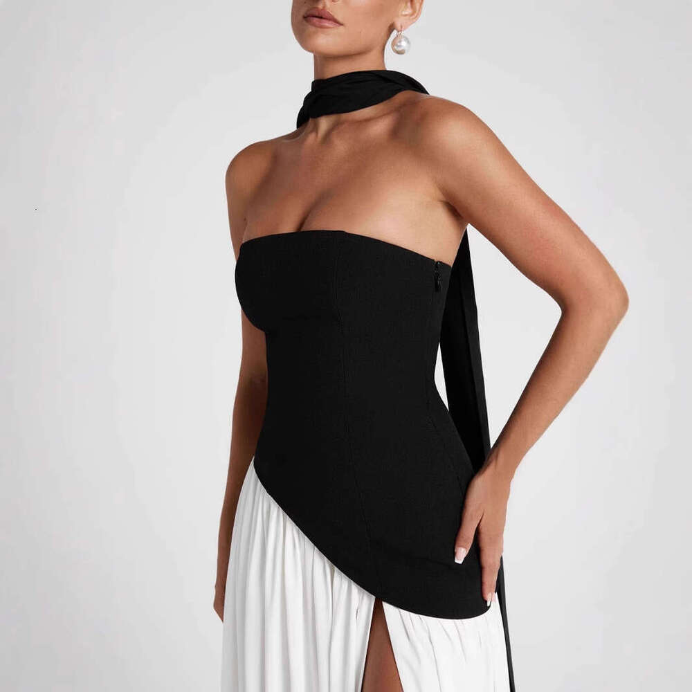 Design Sense Hot Style European and American Source Age-Reducing Mature Sister Color-Block High-End Strapless Split Temperament Zipper Tie Dress 2025 