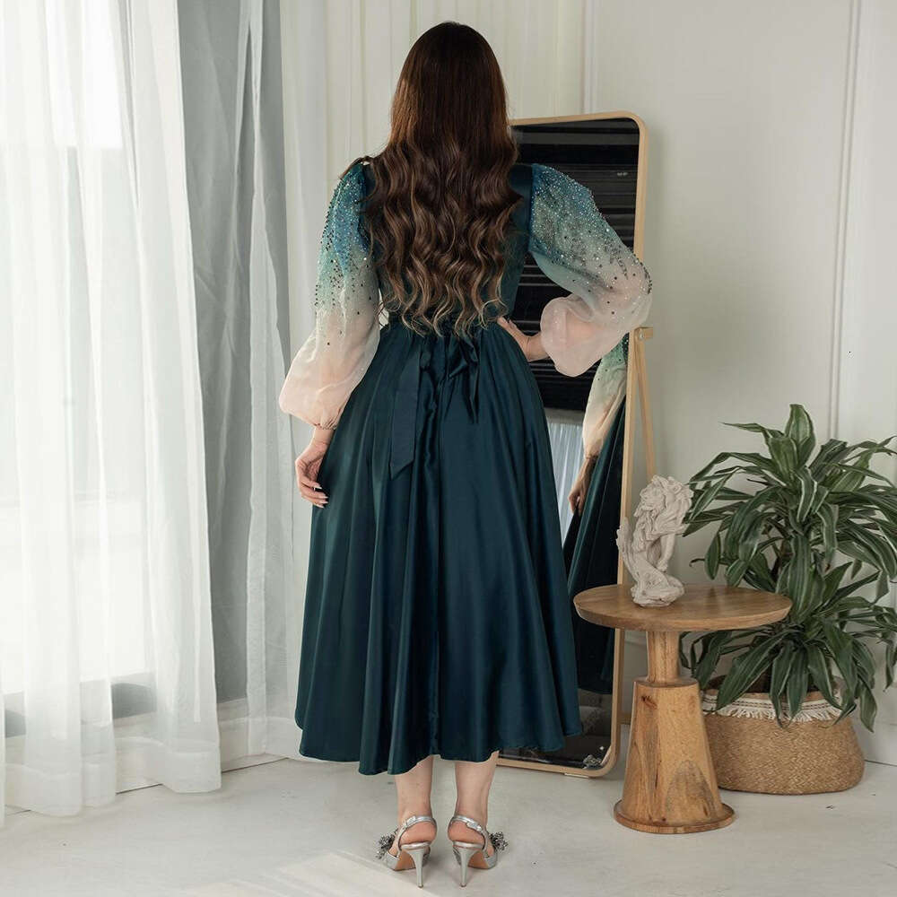 Because0287 Jalabiya Muslim Rhinestone Robe Puff Sleeve Evening Dress Gradient Color Gown B5