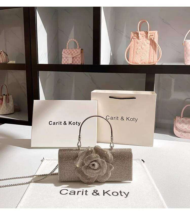 Designer Glitter Dia Floral Women's Handbag Crystal Rhinestones Evening Wedding Party Clutch Purse Crossbody Bag