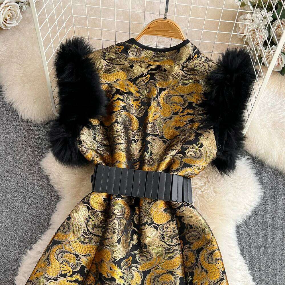 Autumn Dress 2025 Retro Chinese Style Elegant Women'S Dresses Faux Fur Splicing Vest Waist Slim Short A-Line Jacquard Vestidos