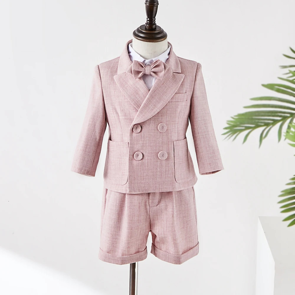 Pink Boys Suit For Weddings Birthday Little Boy Gentleman Outfit Formal Suits Children Coat Strap Shorts Bow Tie Clothes Set 250530