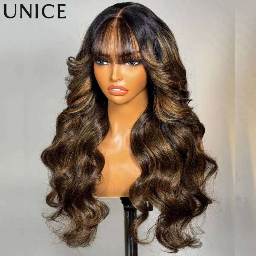 UNice Balayage Highlights Fluffy Loose Wave Curtain Bangs With Drawstring Glueless 7x5 13x4 Human Hair Lace Frontal Wig