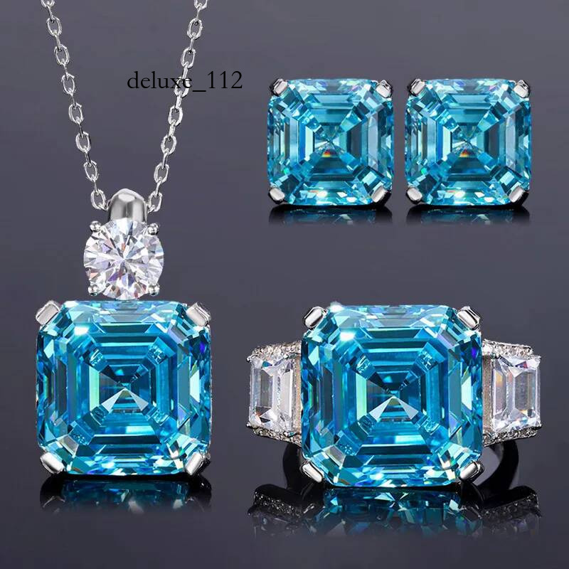 Choucong Top Sell Wedding Jewelry Sets Ladies Real 100% Sterling Sier Asscher Cut Large Aquamarine Moissanite Dia Stud Earring Women Ring Necklace