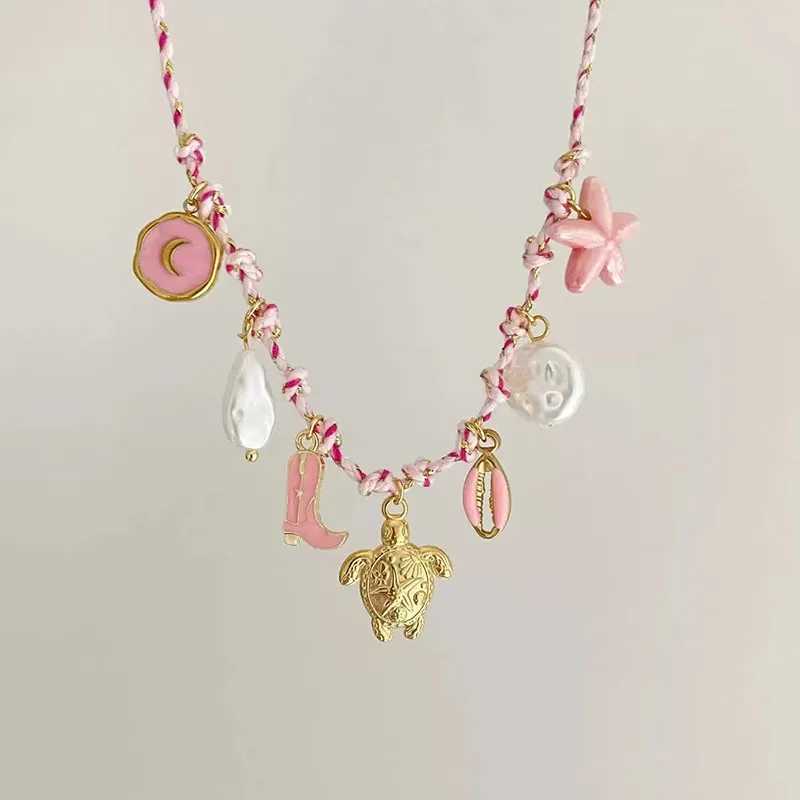 New Summer Sea Love Wind Starfish Pearl Love Pendant Colorful Dopamine Rope Necklace Gold Color Jewelry Gifts XJ250604