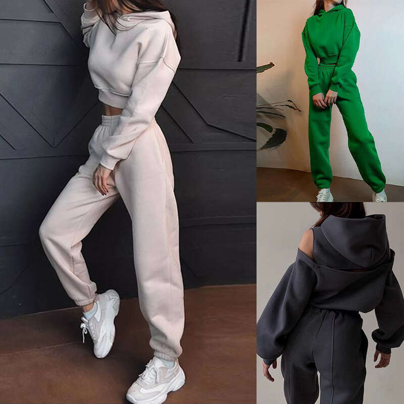 Women's Fashion New Two-Piece Solid Color Hooded Short Sweatshirt With Jogger Pants Set B5