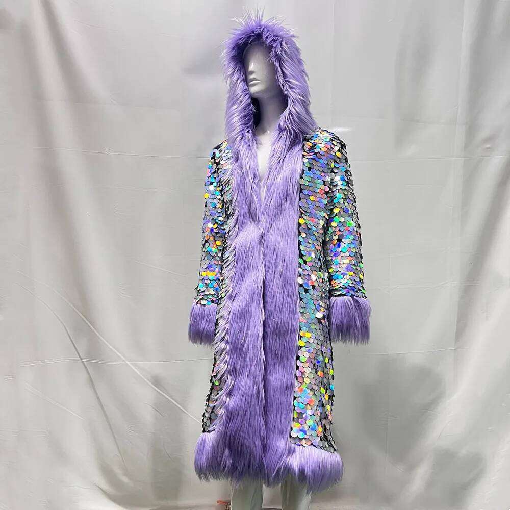 Fashion Sequin Faux Fur Hooded Long Cloak Overcoat Stage Party Performance Clothes Women Singer Bar Concert Drag Queen Costume