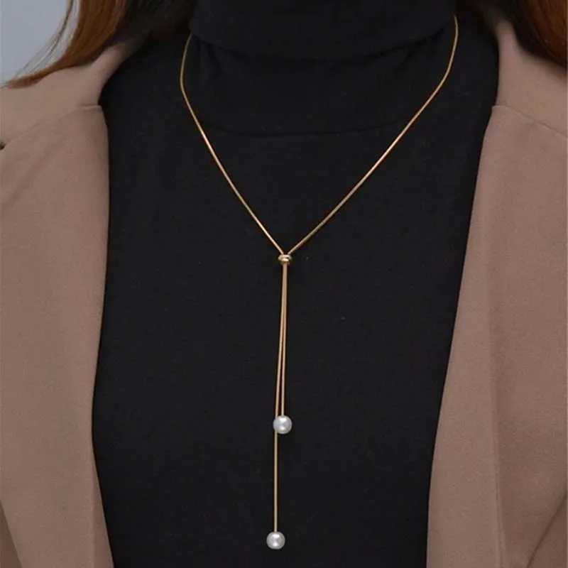 Fashion Silver Color Long Tassel Pull Pearl Pendant Necklaces for Women Simple Adjustable Clavicle Chain Choker Jewelry Gift XJ250604