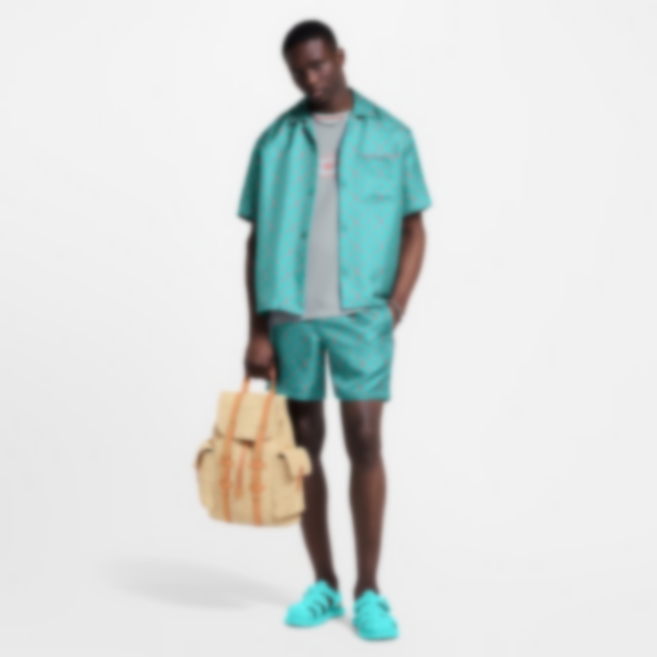 25SS early spring new high-grade cotton printed T-shirt round neck stitching pullover short sleeves printed men's shirt and shorts set 7307