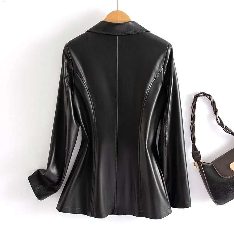 2023 Spring Autumn Sheepskin Jacket Women Suit Coat Slim Single-breasted Casual Tops Lady Small Outerwear Leather Blazer Coats