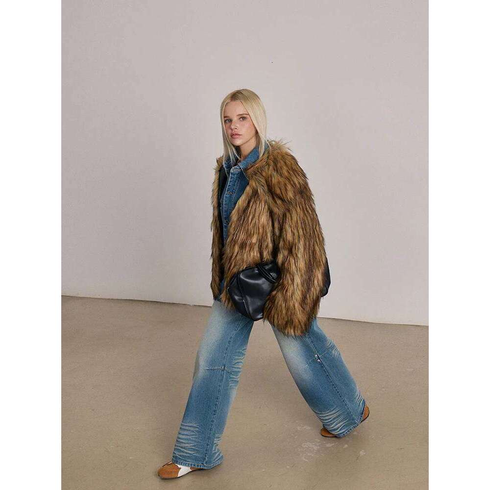 Brown Lapel Fluffy Jacket Winter Warm Women's Retro Loose Environmental Mink Faux Fur Short Plush Coat Overcoat