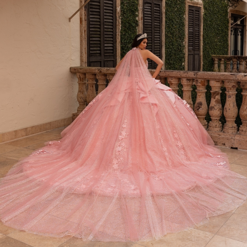 Pink Shiny Quinceanera Dresses Ball Gown Applique Flower Beads Bow With Cape Tull Party Birthday Sweet 16 Vestidos De XV 15 Anos