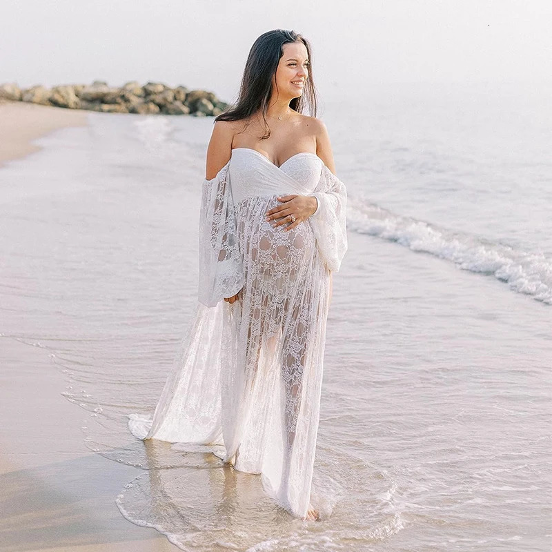 Maternity Dress Soft Stretchy Lace Off Shoulder Doubly Split A line Skirt Pregnancy Maxi Gown for Poshoot 250530
