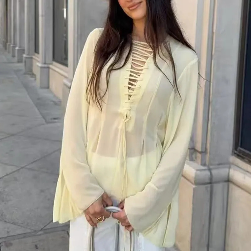 Elegant Chiffon Lace Up Shirt Women Yellow Long Sleeve O-neck Loose Female Blouse Fashion Summer Solid Holiday Top 250603 - view 4