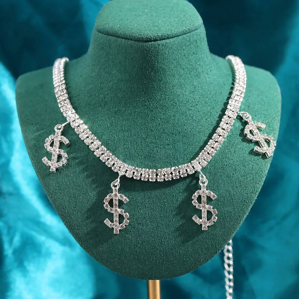 Bling Rhinestone Dollar Sign Pendant Choker for Women Gold Sier Color Crystal Chain Necklace Statement Jewelry