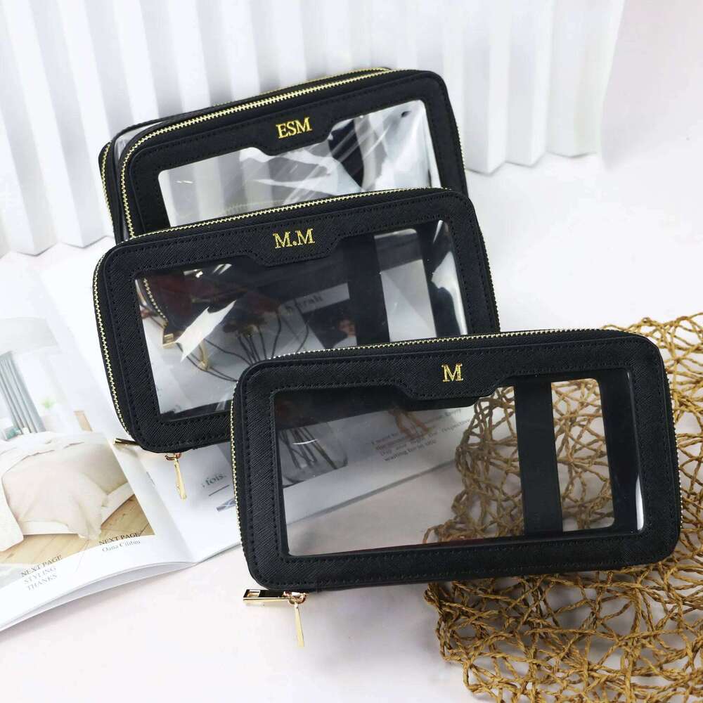 OLOEY Custom Letters Saffiano Leather Cosmetic Portable Pvc Capacity Waterproof travel Multi-function Double layer Storage Bag