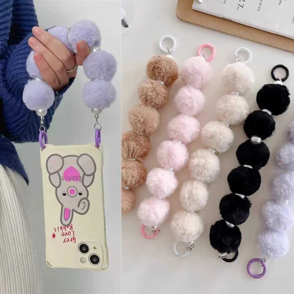 Colorful Hairball Phone Strap Wrist Strap Sweet Plush Anti Lose Sling Bag Pendant Chain With Imitate Pearl Mobile Phone Lanyard W250604
