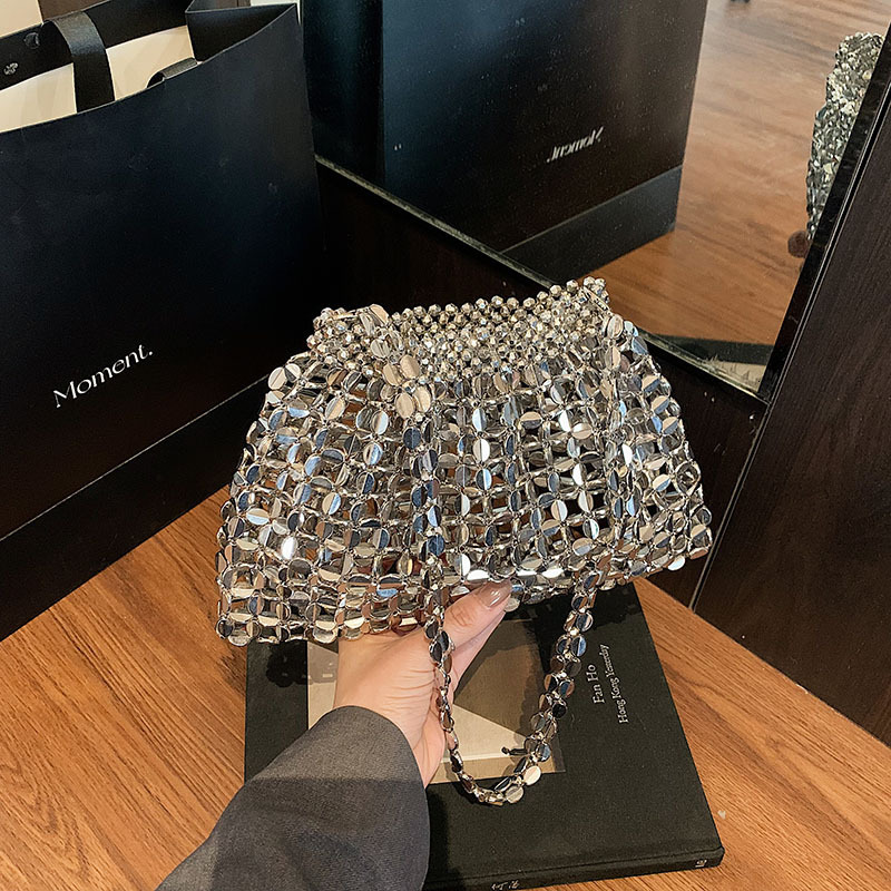 2025 New Fashion Metallic Silver Hollow Out Single Shoulder Crossbody Bag Beaded Woven Stylish Underarm Parent-Child Bagy6