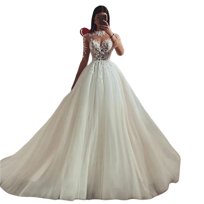 Long Sleeves Boho Wedding Dresses Lace Appliques A Line Sweatheart Neck Bohemian Bridal Gown Transparent Jewel Neck Tulle Vestido De Novia