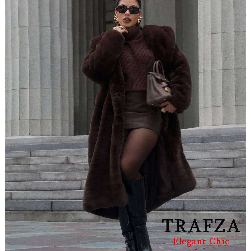 Women's Fall Winter Faux Fur Long TRAFZA Vintage Lapel Buttons Loose New 2024 Fashion Casual High Street Warm Coat