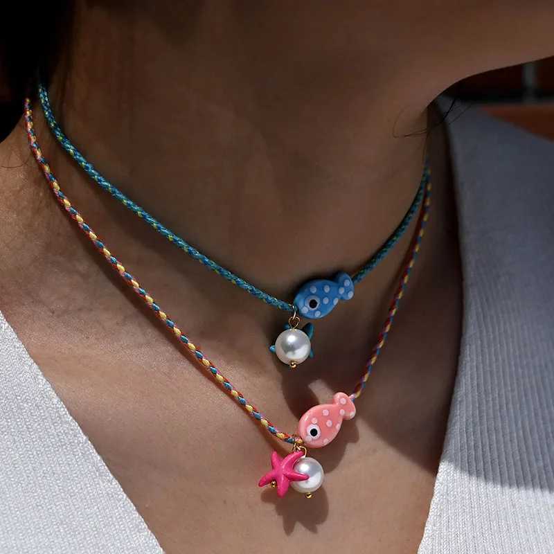 Bohemian Ceramic Colorful Fish Pendant Necklace for Women Adjustable Multicolored Rope Choker Perfect for Summer Beach Vacation XJ250604