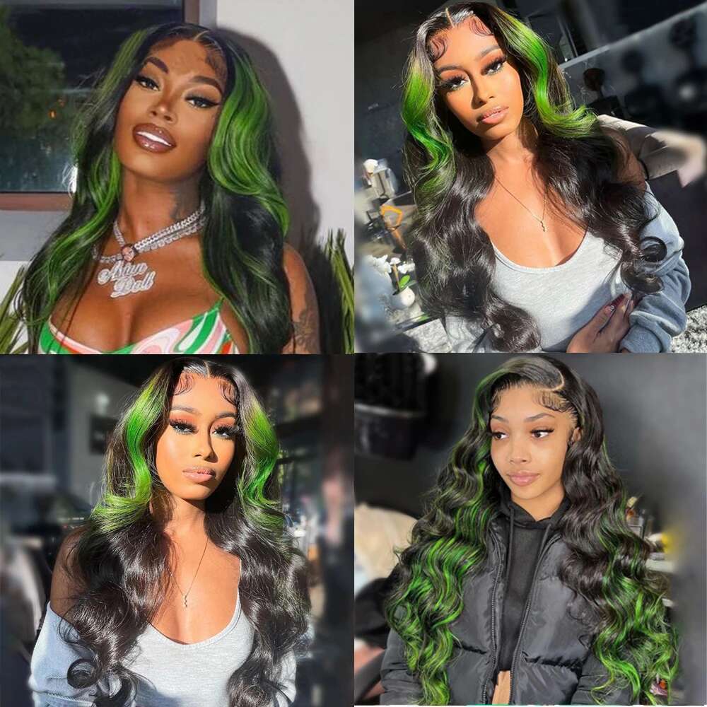 Black and Highlight 13x4 Body Wave Frontal Wigs Ombre 13x6 Green Lace Front Wig Human Hair Pre Plucked