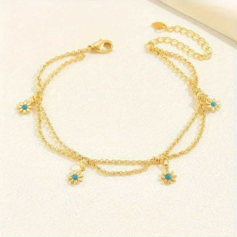 Bohemian Double Layers Sweet Flower Pendant Anklet Women Sparkling Summer Beach Party Gift Jewelry Accessories W250604