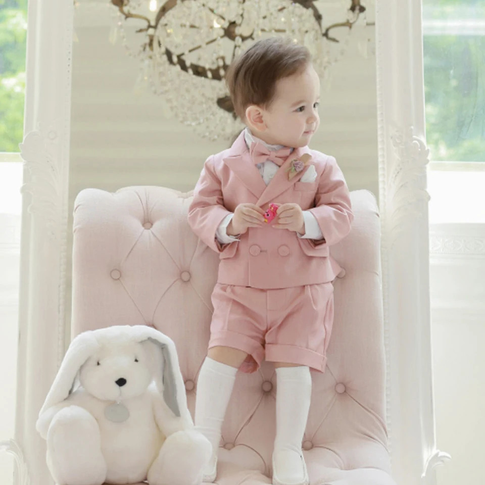 Pink Boys Suit For Weddings Birthday Little Boy Gentleman Outfit Formal Suits Children Coat Strap Shorts Bow Tie Clothes Set 250530