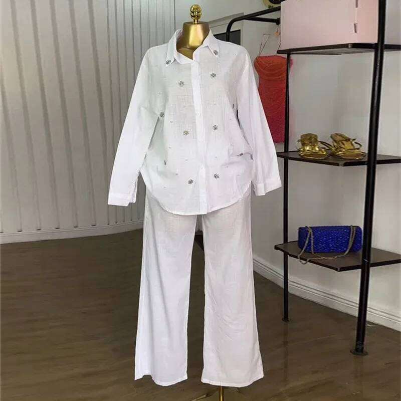 Sweet Fresh Summer Women's Fashion Pearl Embellished Long Sleeve High Waist Straight Leg Pants Two Piece Set Polyester Fiber