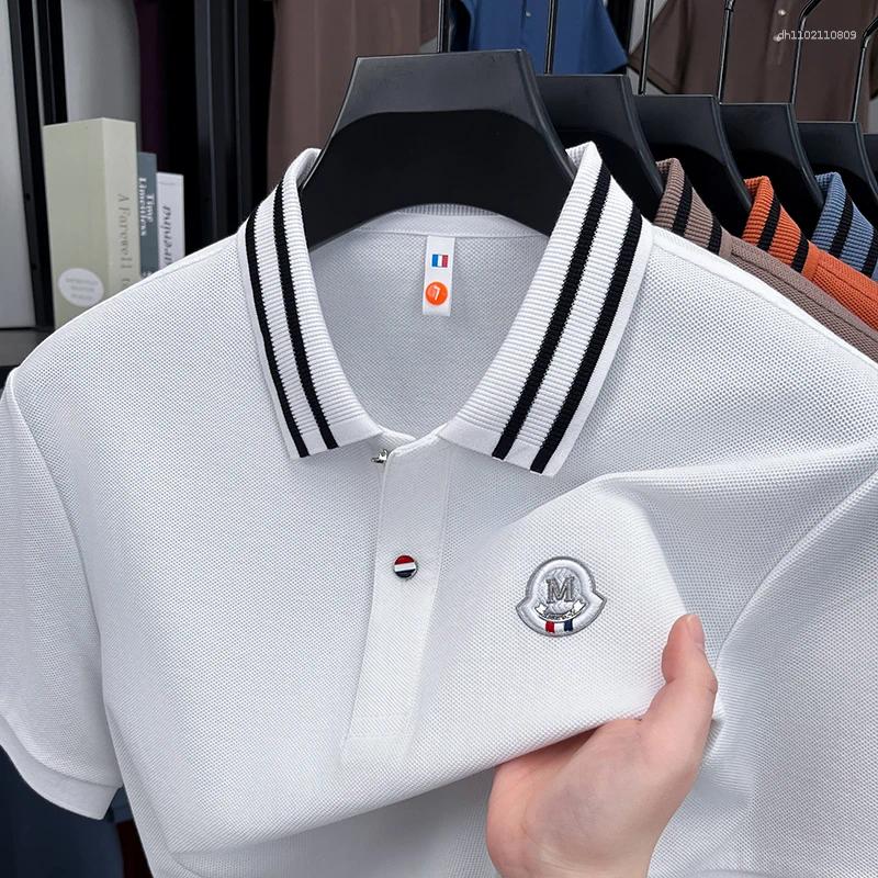 Men's Polos High End Brand Cotton Short Sleeve Polo Shirt Letter Embroidery Lightweight Breathable Fashion Stripe Lapel T-shirt
