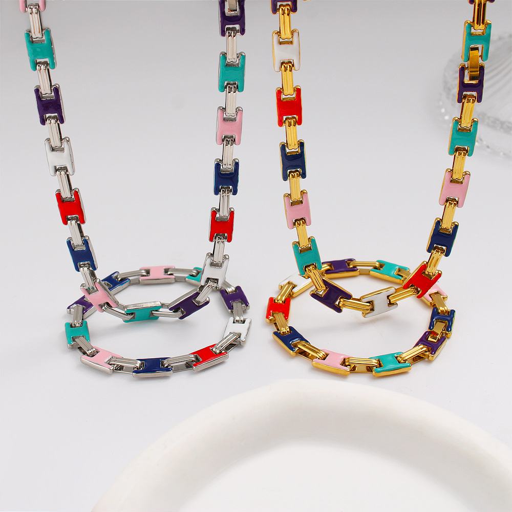 18k Real Gold Plated Colorful Oil Drop Stainless Steel Geometric Chain Necklace Bracelet Jewelry Set