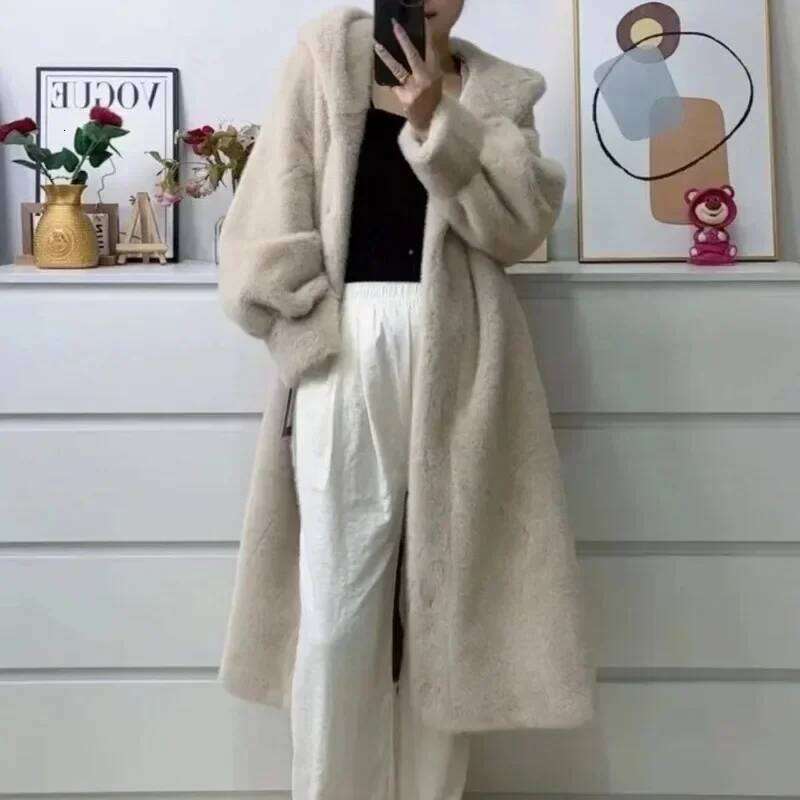 Hooded Medium Long New Mink Jacket National StyleThickened with Hat Fluff Autumn Winter Anti-season Clearance