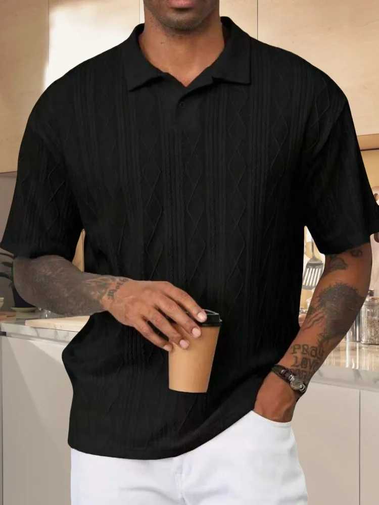 Mens 2025 retro loose texture knitted polo shirt with a lapel breathable high street casual fashion and comfortable short-sleeve T250604