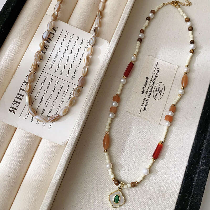 Luxury jewelry designer necklace Real Gold Plated Zircon Square Mother-of-Pearl Pendant Ethnic Style Exquisite Clavicle Chain Fashion Design Necklace