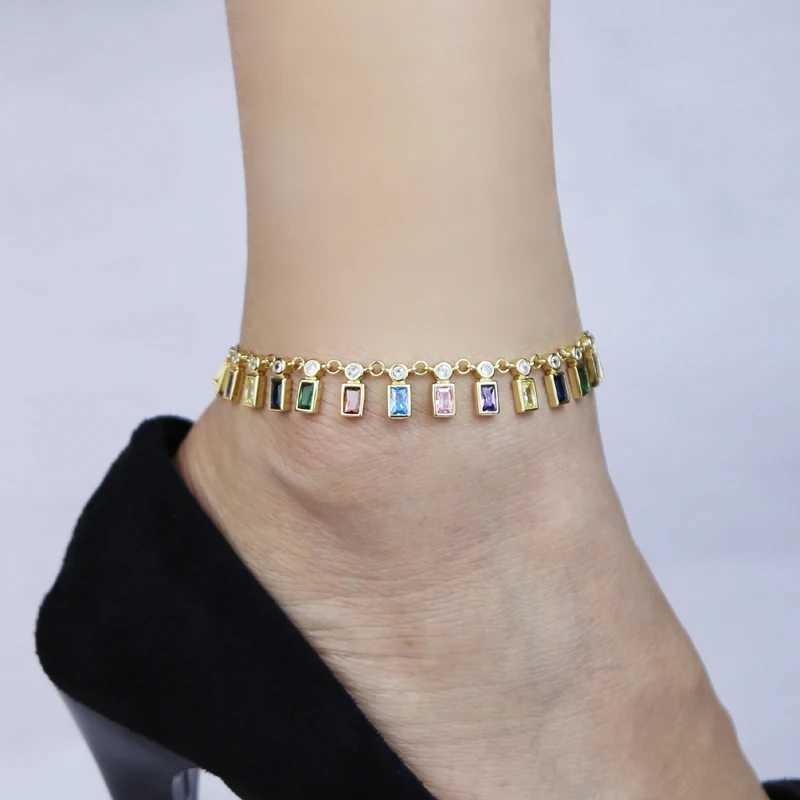 2022 New Gold Plated Green Rainbow rectangle Cubic Zirconia Charm Geometric CZ Tennis Chain Summer Beach Anklet For Women W250604