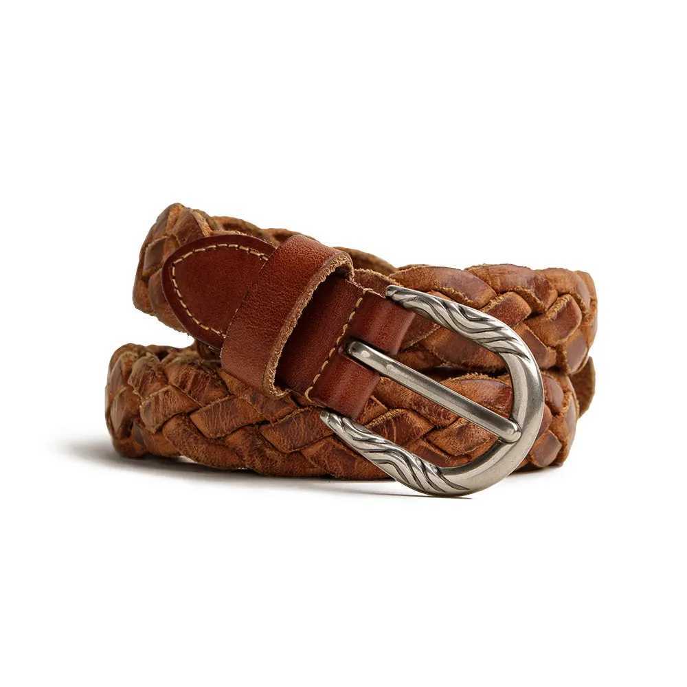 Vintage Veg-Tan Cowhide Braided Belt for Women Leather Belt Simple Accessory Belts with 3 Strands of Weaving Craftsmanship W250604