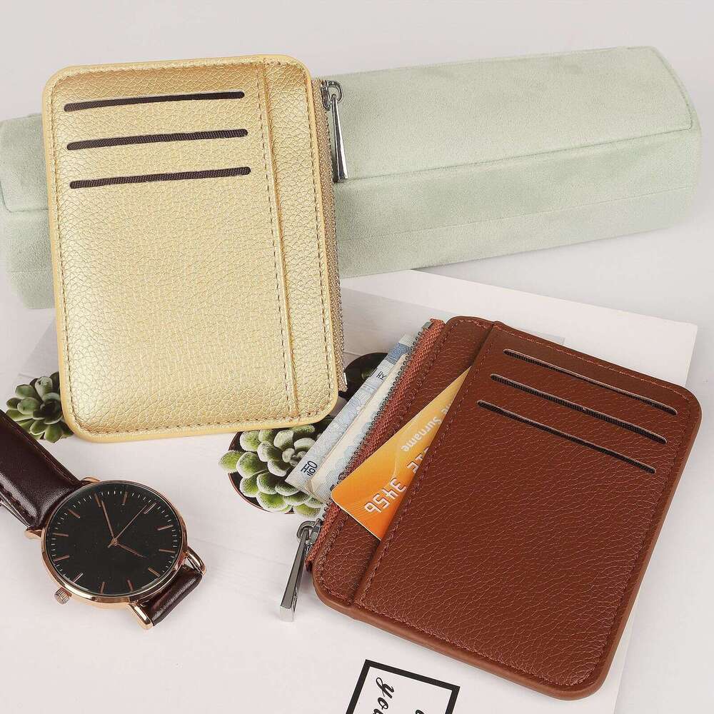 PU Leather Litchi Texture Square Zipper Holder Multi-Card Slot Multi-Function Card Sleeve Wallet