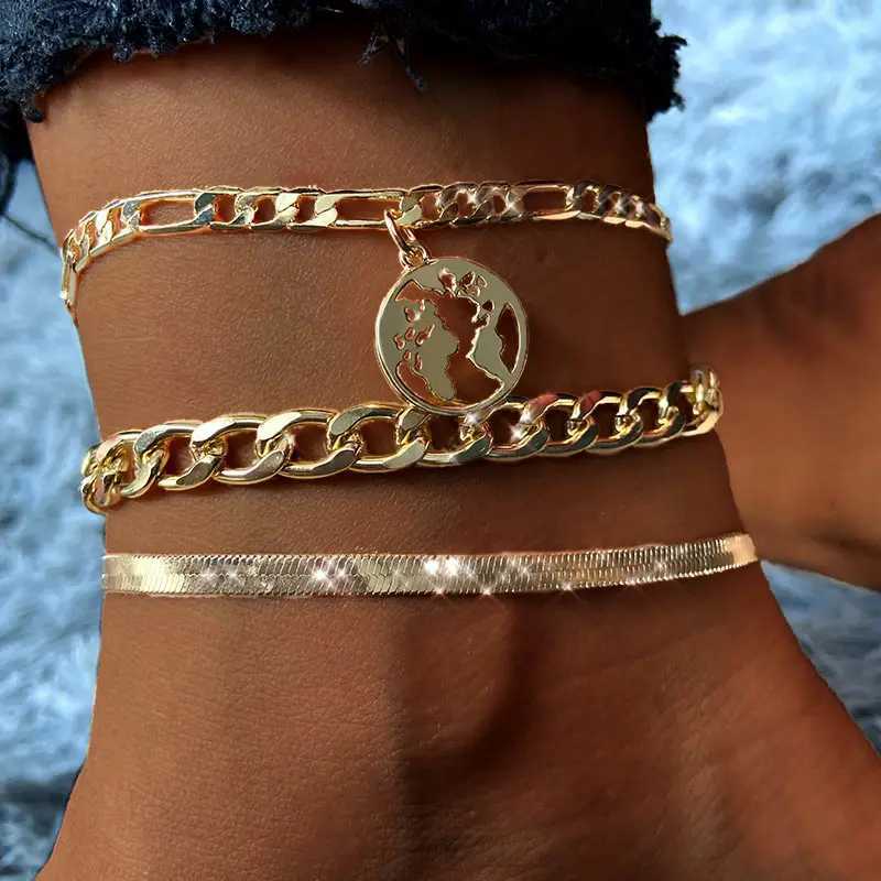 3pcs/set Gold Silver Color World Map Anklets For Women Bohemian Multilayer Anklet On Leg Fashion Beach Jewelry Foot Accessories W250604