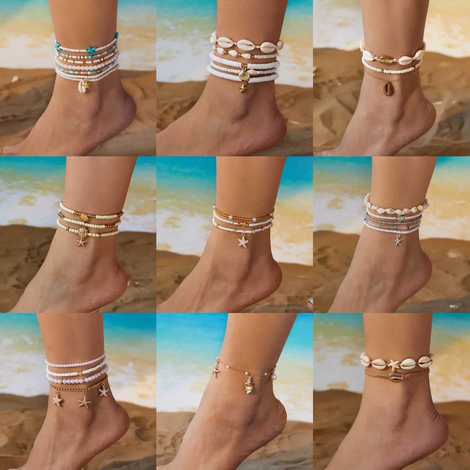 Bead Ankle Bracelets Set for Women Boho Shell Anklet Hawaiian Summer Beach Seashell Pearl Disc Starfish Conch Foot Jewelry W250604