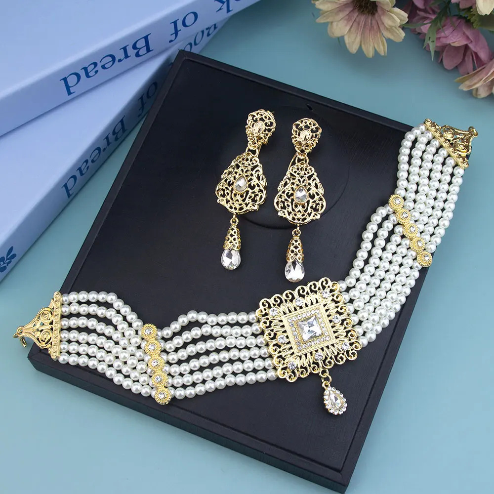 Sunspicems Gold Color Moroccan Beads Chain Choker Necklace Long Drop Earring For Women Arabic Bridal Jewelry Set Square Pendant 250530