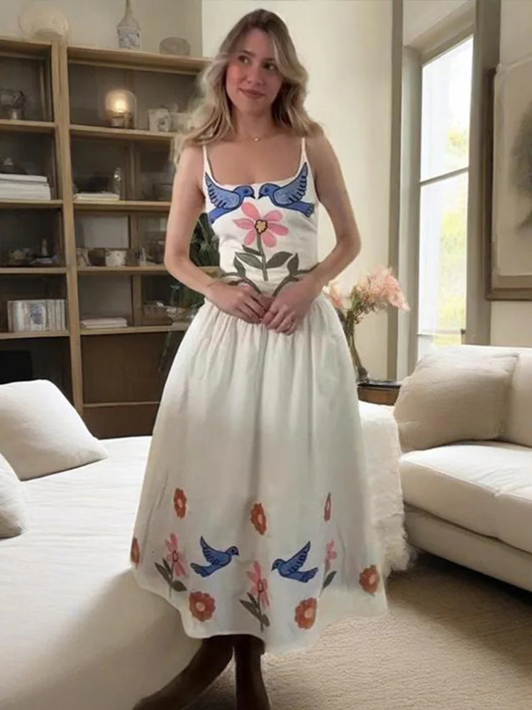 Woman Floral Embroidery Slip Dress Casual Evening Party Tube Empire Sleeveless A-line Print Robes Summer Fashion Vestido 250604