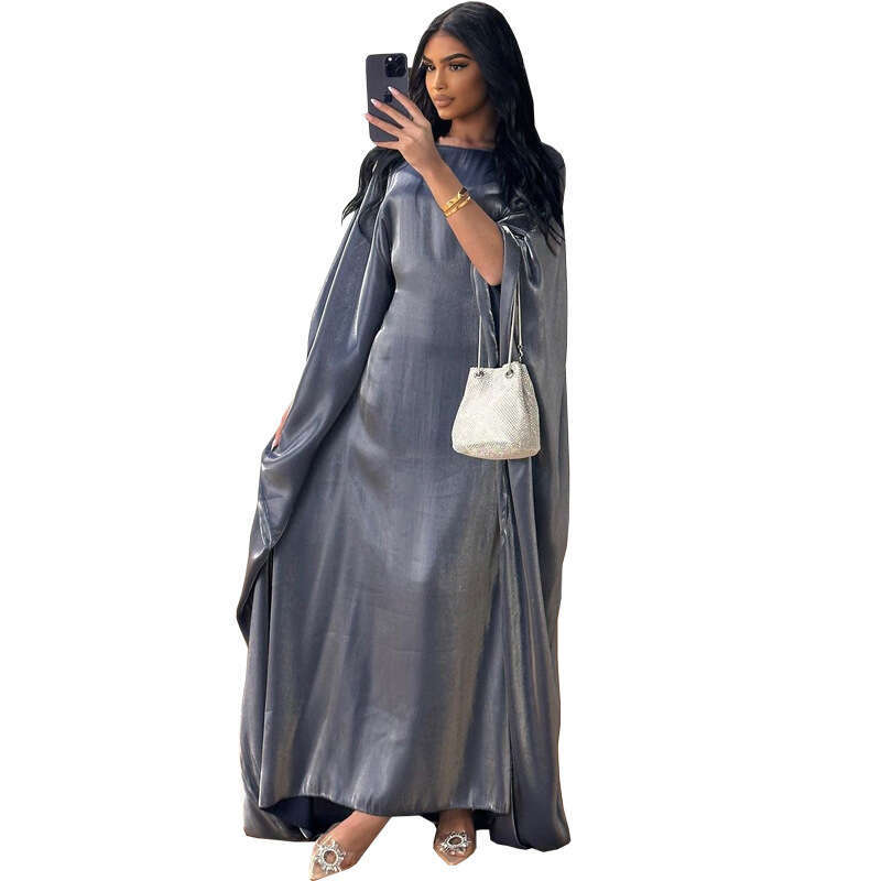 Mq104 New Summer Modest Muslim Fashion Shiny Satin Waist-Cinching Abaya Dress B5