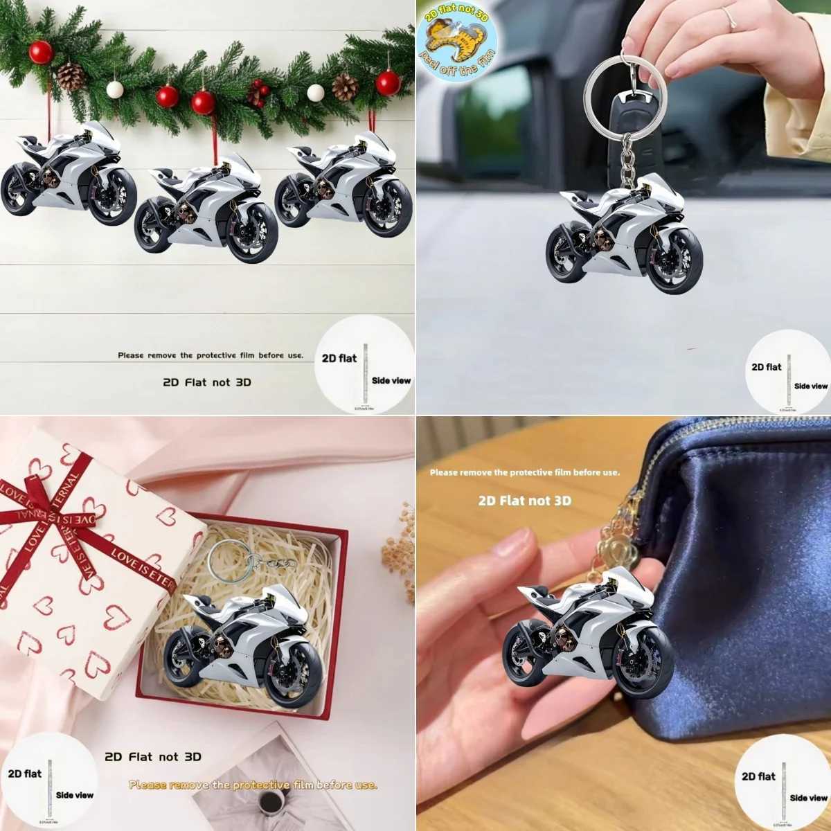 White Motorcycle Knight Pendant Keychain Moto Themed 2D Flat Acrylic Ornament Charms Hanging Decoration for Car Bag Festive Gift W250604